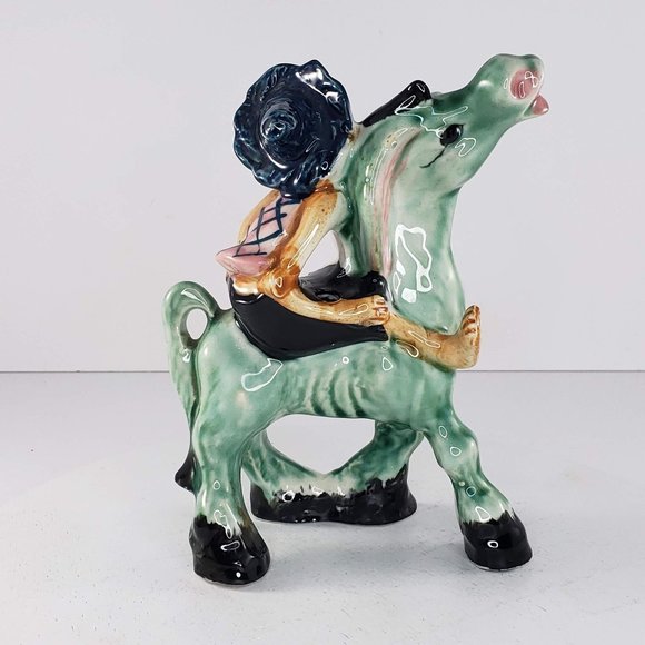 Vintage Man Riding Green Donkey Figurine Salt Pepper Shaker Holder - Picture 3 of 8